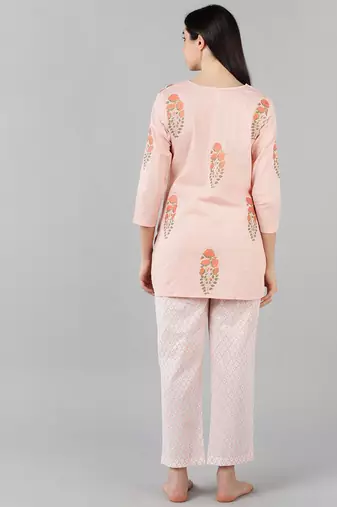 peach color checked cotton styles night suits