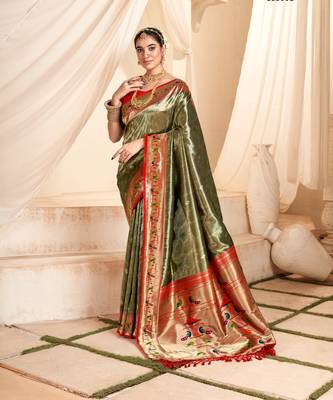 Kimisha women's olive tissue silk blend paithani saree with unstitched blouse piece 1
