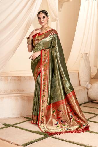 Kimisha women's olive tissue silk paithani saree with unstitched blouse piece