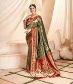 Kimisha women's olive tissue silk paithani saree with unstitched blouse piece