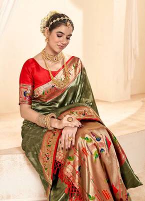 Kimisha women's olive tissue silk blend paithani saree with unstitched blouse piece 2