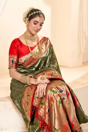 Kimisha women's olive tissue silk paithani saree with unstitched blouse piece