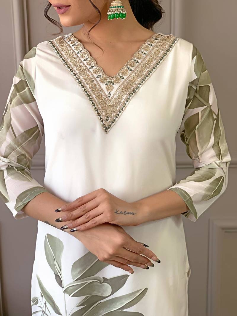 Women French crepe Embroidered and Printed Kurta Pant Dupatta Set