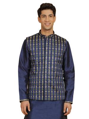 Navy Blue Dupion Silk Nehru Jacket 1