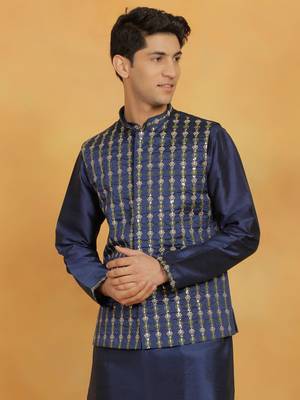 Navy Blue Dupion Silk Nehru Jacket 2