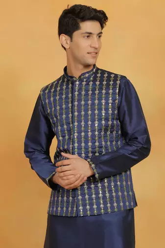 Navy Blue Dupion Silk Nehru Jacket