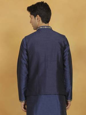 Navy Blue Dupion Silk Nehru Jacket 3