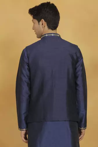 Navy Blue Dupion Silk Nehru Jacket