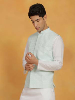  men's grean cotton nehru jacket 2