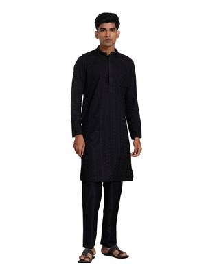 Black And White Cotton Kurta Pyjama Set 1