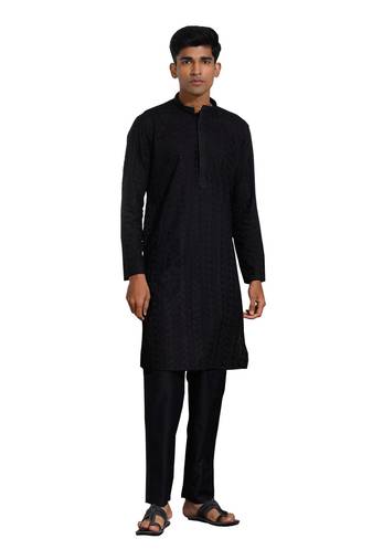 Men'S Black And White Cotton Kurta Pyjama Set