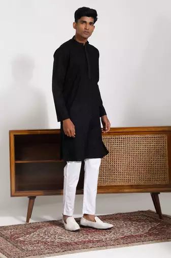 Black And White Cotton Kurta Pyjama Set