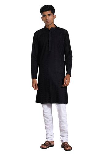 Men'S Black And White Cotton Kurta Pyjama Set