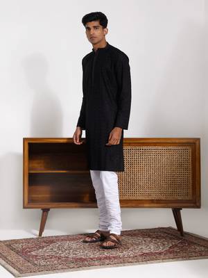 Black And White Cotton Kurta Pyjama Set 2