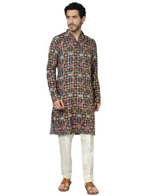 Men'S Navy Blue And Cream Rayon Kurta Pyjama Set 1
