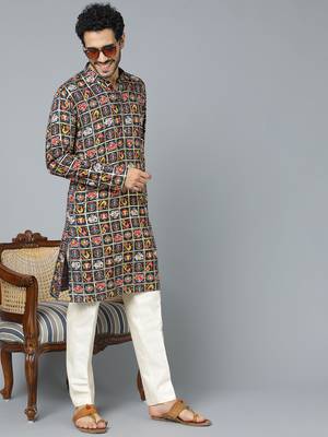 Men'S Navy Blue And Cream Rayon Kurta Pyjama Set 2
