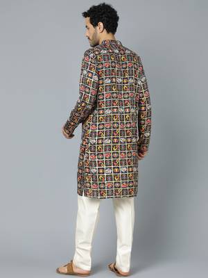 Men'S Navy Blue And Cream Rayon Kurta Pyjama Set 3