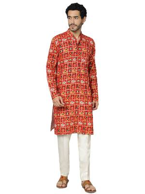 Men'S Red And Cream Rayon Kurta Pyjama Set 1