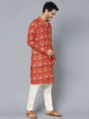 Men'S Red And Cream Rayon Kurta Pyjama Set 2