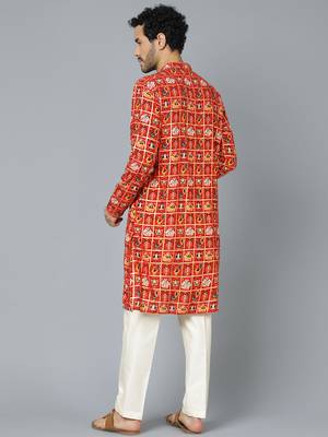 Men'S Red And Cream Rayon Kurta Pyjama Set 3