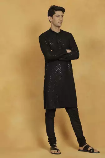 Black Cotton Blend Kurta And Pyjama Set