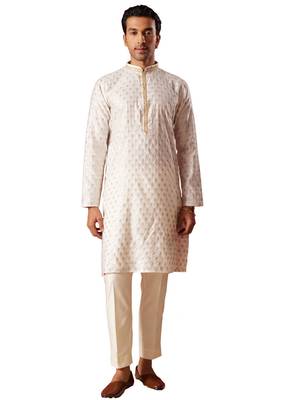 Cream Silk Blend Kurta Pyjama Set 1