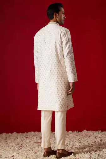 Cream Silk Blend Kurta Pyjama Set
