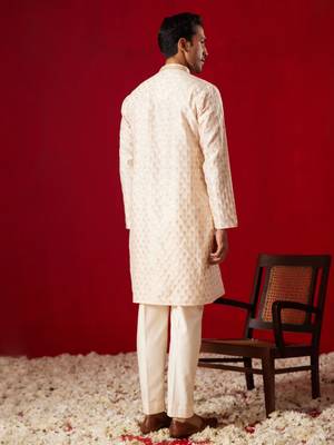 Peach Silk Blend Kurta Pyjama Set 3