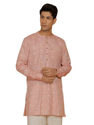 pink woven work cotton mens kurta 2