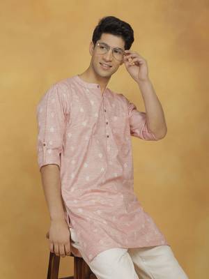 pink woven work cotton mens kurta 1