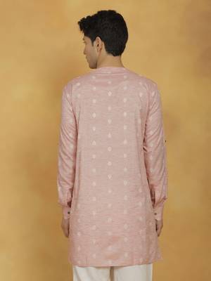 pink woven work cotton mens kurta 3