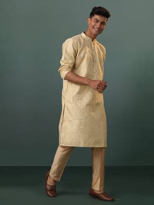 Men'S Gold And Rose Gold Silk Blend Kurta Pyjama Set 1