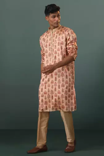 Peach And Rose Gold Silk Blend Kurta Pyjama Set