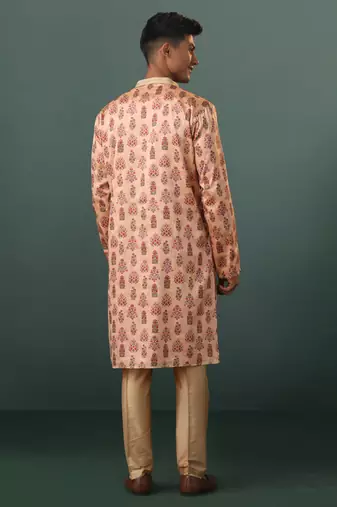 Peach And Rose Gold Silk Blend Kurta Pyjama Set