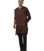 men's coffe and black cotton blend kurta pyjama set