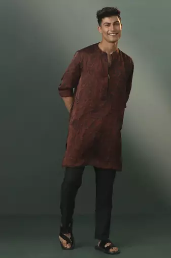 coffe and black cotton blend kurta pyjama set