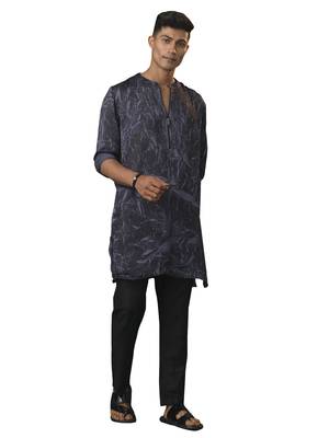 Gray And Black Cotton Blend Kurta Pyjama Set 1