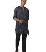 Men'S Gray And Black Cotton Blend Kurta Pyjama Set