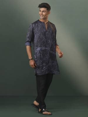 Gray And Black Cotton Blend Kurta Pyjama Set 2
