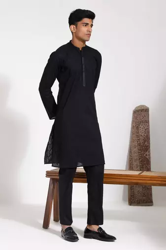 Black Cotton Kurta Pyjama Set