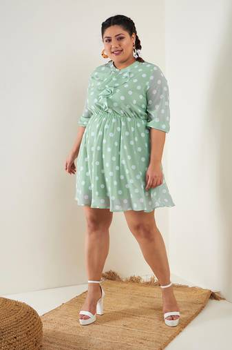 Sea Green Polka Dot Fit & Flare Ruffle Dress
