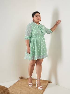 Sea Green Polka Dot Fit & Flare Ruffle Dress 3