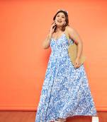 Blue & White Ikat Strappy Tiered Maxi Dress