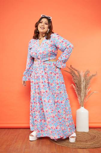 Blue Floral Waist Cut-Out Maxi Dress