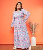 Blue Floral Waist Cut-Out Maxi Dress