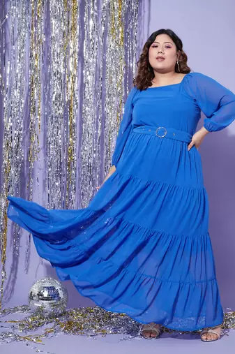 Blue Off Shoulder Tiered Maxi Dress