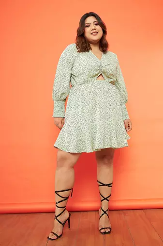 Green Floral Smocked Sleeves Cut-out Skater Dress