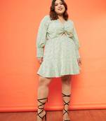 Green Floral Smocked Sleeves Cut-out Skater Dress