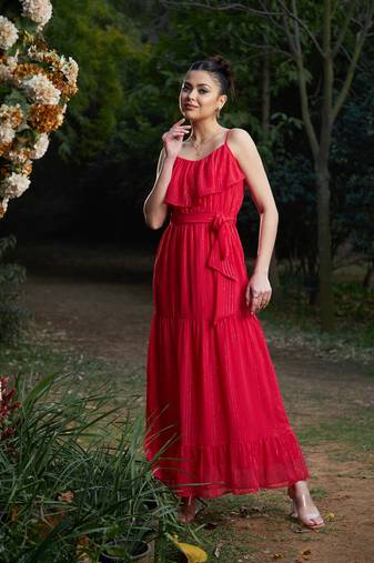 Red Chiffon Lurex Strappy Ruffle Maxi Dress