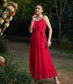 Red Chiffon Lurex Strappy Ruffle Maxi Dress